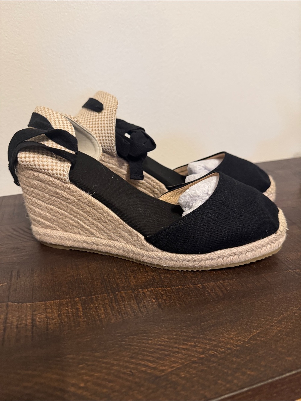 Black Canvas Espadrille Wedge Sandals with Ankle Tie